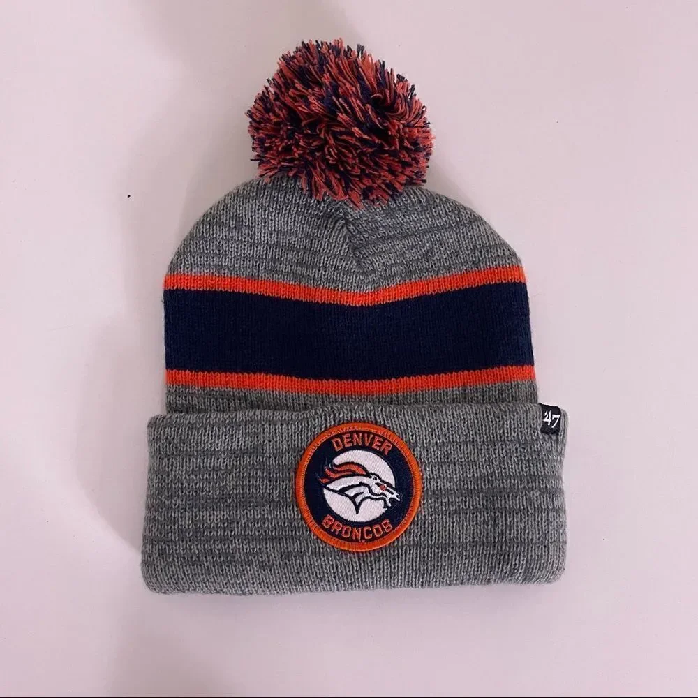 47 Denver Broncos Grey with Navy & Orange Logo Pom Pom Cuffed Winter Hat